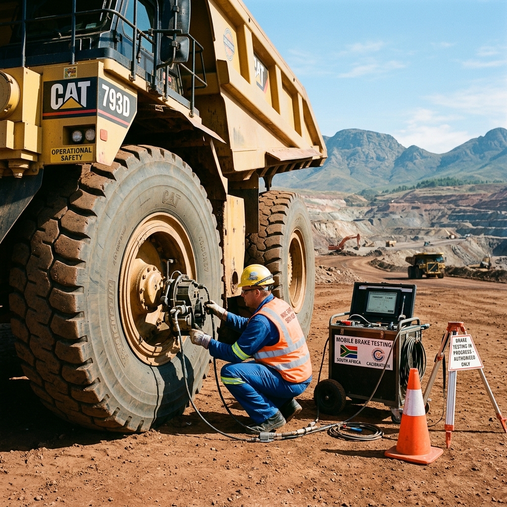 Brake testing technician working on mining vehicle at an open-cast mine in South Africa